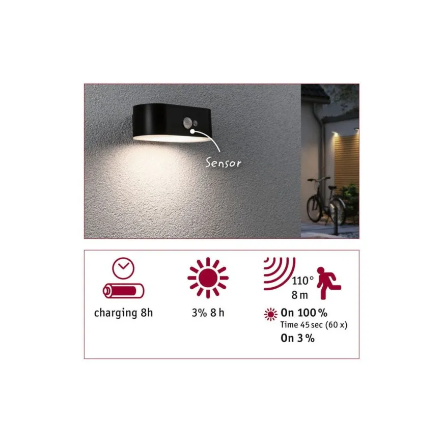 Adya vegglampe utendørs 2,5W 3000 Kelvin m/bevegelses sensor - Solcelle