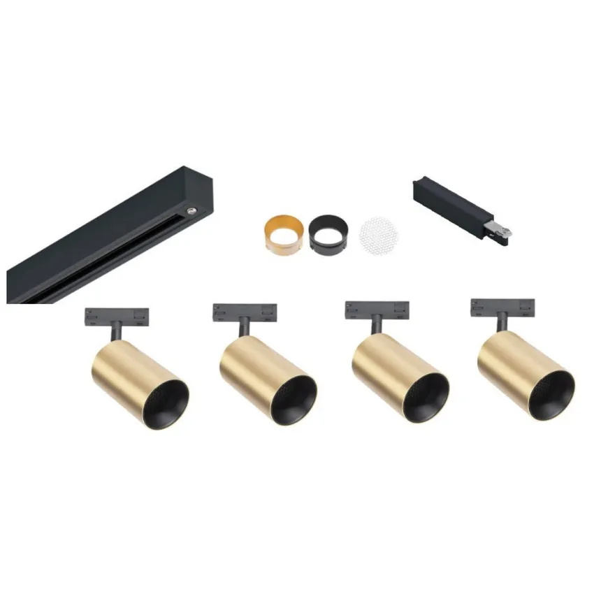 Designline Tube Pro komplett 1.9 meter spotskinne med 4 spotter GU10 - Svart/Messing