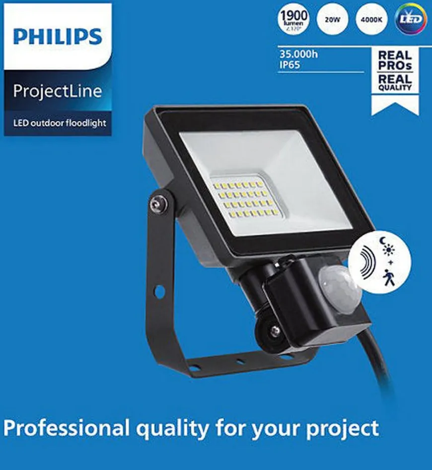 Philips ProjectLine lyskaster utendørs 20W 4000K IP65 m/bevegelsessensor - Svart