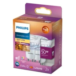 Philips 3,8W (50W), warmglow dimbar GU10 LED RA90 - 2 pakning