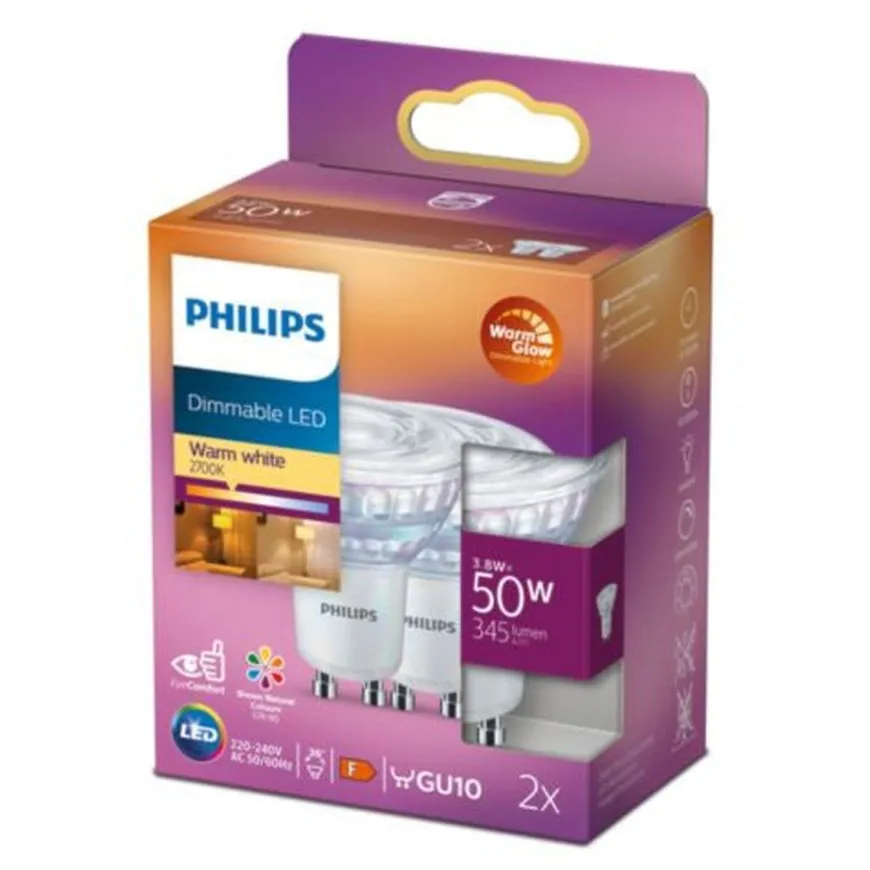 Philips 3,8W (50W), warmglow dimbar GU10 LED RA90 - 2 pakning