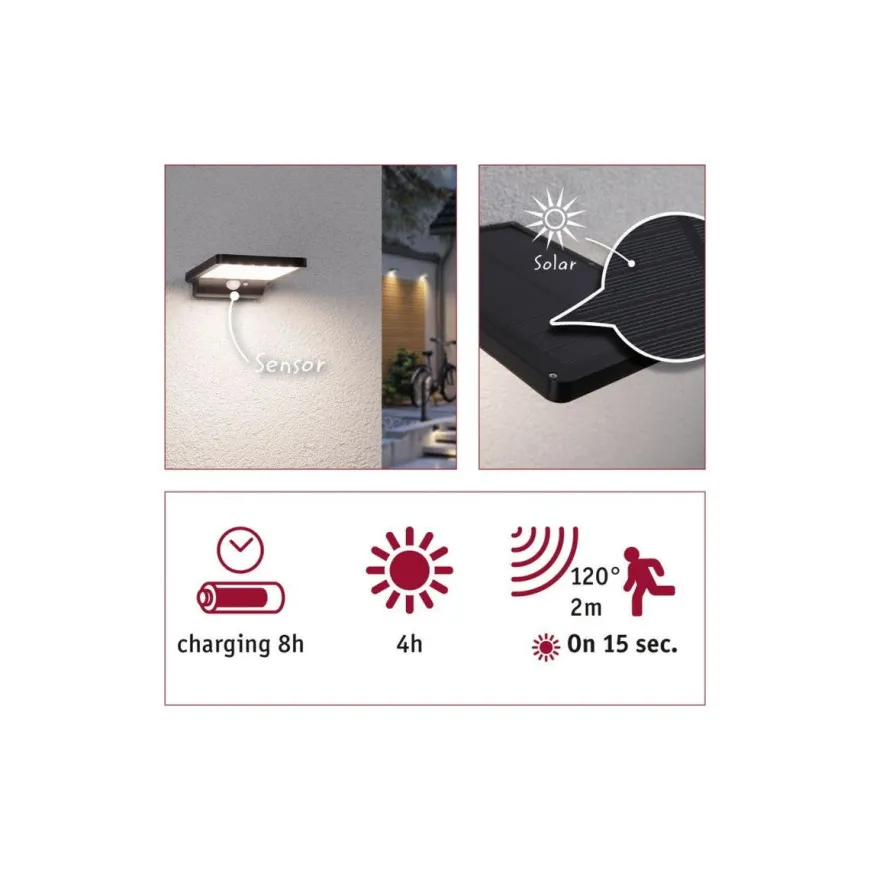 Solveig vegglampe utendørs 4,8W 3000 Kelvin m/bevegelses sensor - Solcelle
