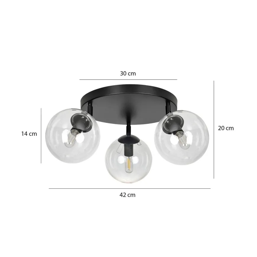 Tofi taklampe rund 3 lys - Svart/Klart glass