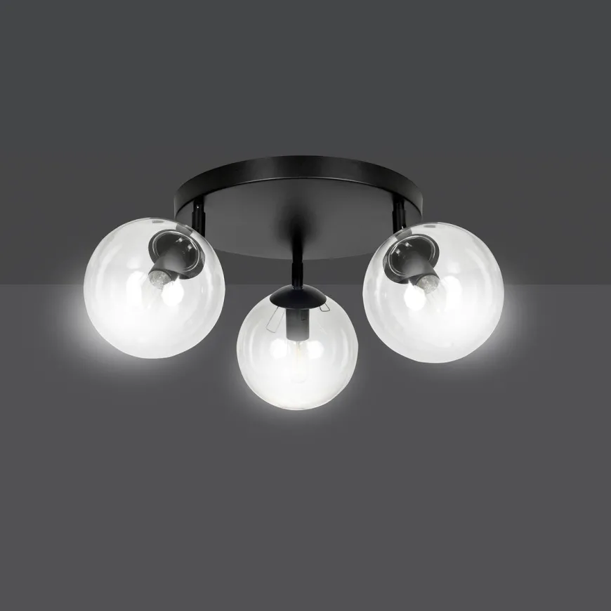 Tofi taklampe rund 3 lys - Svart/Klart glass